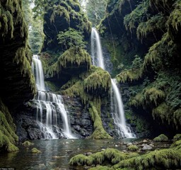 Fototapeta premium A serene waterfall surrounded by lush greenery and moss-covered rocks.