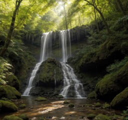 A serene waterfall cascading through lush greenery, creating a tranquil natural scene.