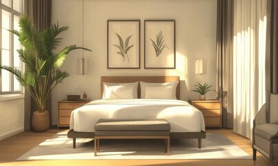 A serene bedroom with natural light and minimalist decor.