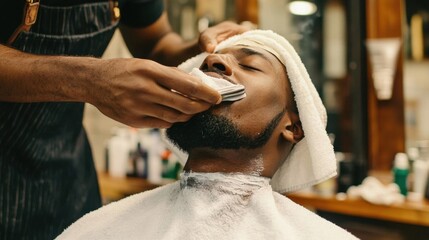 A man receiving a grooming service at a barbershop.