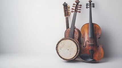 Vintage Musical Instruments Displayed on a Light Background, Showcasing Unique String Instruments...