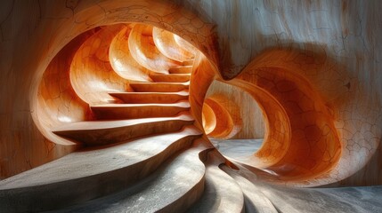 Abstract spiral staircase in a sunlit, organic, textured, earthy-toned, cavernous structure.