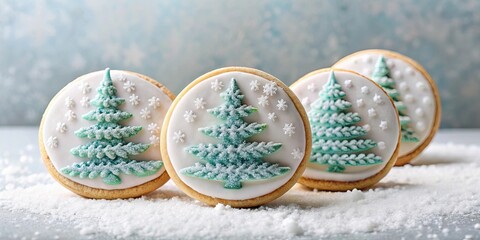 Sugar cookies with winter scene snow and trees, snowflakes, sugar cookies