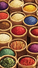 Fototapeta premium Colorful Spices and Grains in Wooden Buckets