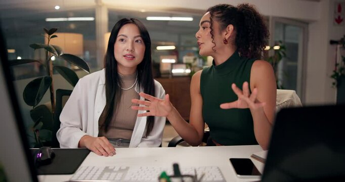 Computer, design and web development with business women in office at night for project management. Collaboration, creative and discussion with website developer people in workplace for programming