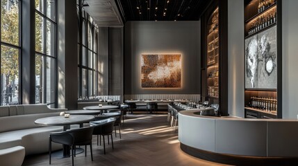 Modern restaurant interior with large windows, artwork, and curved bar.