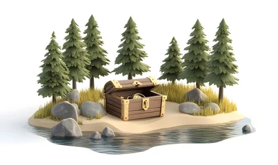 Open treasure chest on island shore with trees and rocks.