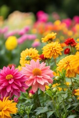 A vibrant display of colorful flowers in a garden setting.
