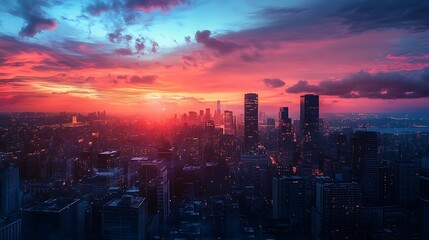Vibrant Sunset over a Modern Cityscape. Concept of urban life, city skyline, and vibrant colors.