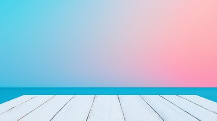 Serene Seascape with White Wooden Deck Pastel Sky Background