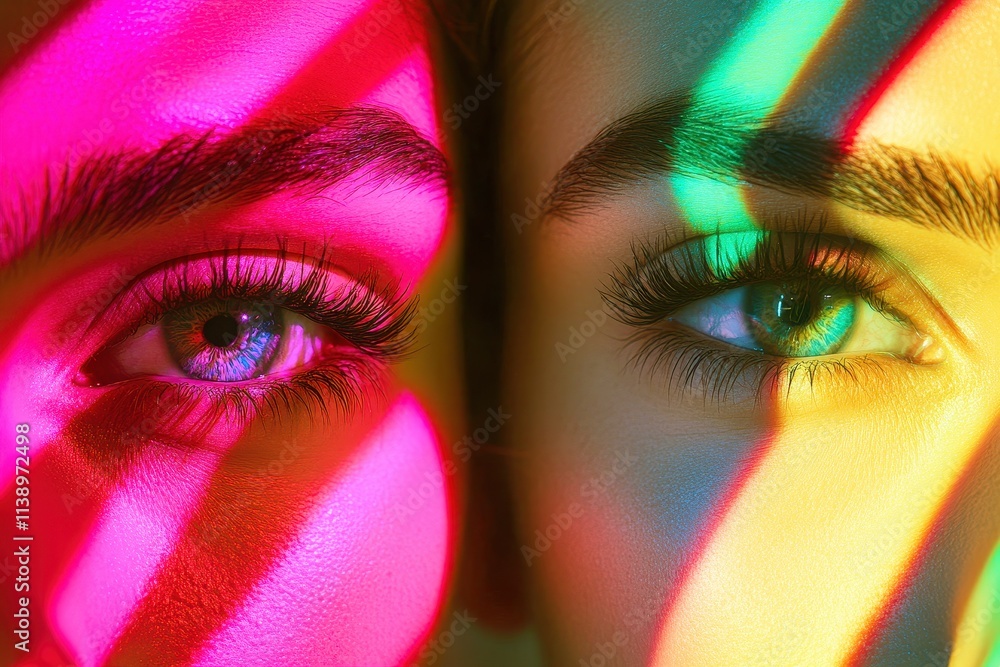 Poster close-up of human eyes with colorful light patterns creating striking reflections and emphasizing na