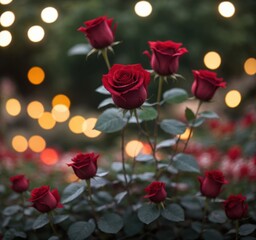 A vibrant arrangement of red roses illuminated by soft bokeh lights in a garden setting.