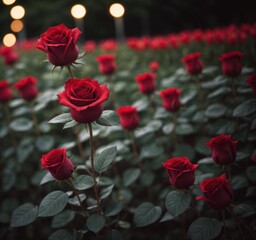Fototapeta premium A vibrant field of red roses with soft glowing lights in the background.