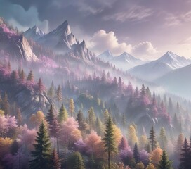 Softly focused misty mountains in the background of a serene forest with pastel colors, landscape photography, mist