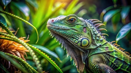 Obraz premium Green Iguana in a lush, tropical environment with multiple plants and trees surrounding its enclosure , green iguana