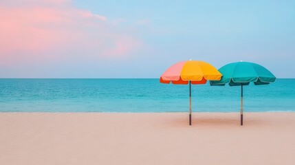 Peaceful Beach Scene with Colorful Umbrellas at Sunset