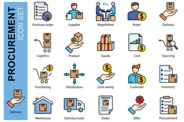 Procurement icon set. colored outline icon style. icon related to business, logistics. purchase order, supplier, delivery, and more. business element vector illustration