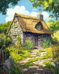 Fototapeta premium A charming stone cottage surrounded by vibrant flowers and greenery.