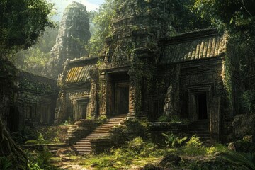 Ancient temple ruins surrounded by lush jungle vegetation.