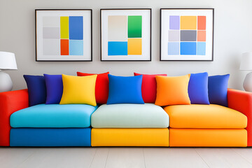 Interior design with new colorful sofa combined with painting on wall