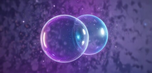 Naklejka premium Rainbow-filled bubble suspended against a gradient blue and purple background with glittering silver stars and sparkles, mesmerizing, glowing