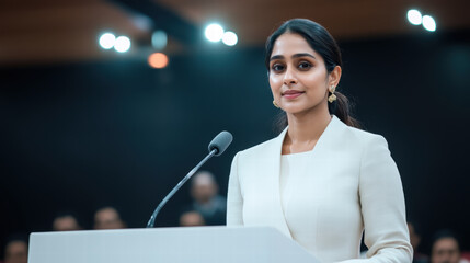 Empowered Indian businesswoman standing confidently at podium, delivering speech with poise and determination