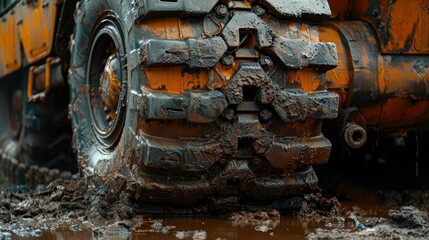 Close-up of muddy construction vehicle tire and tracks.