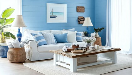 Cozy coastal living room with blue accents and natural decor.