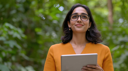 Fototapeta premium young Indian businesswoman in forest, analyzing environmental impact with tablet. She looks thoughtful and engaged in her work