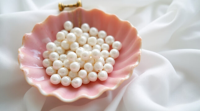 set of small mother-of-pearl beads for needlework laid out in a pink large shell, on a white silk background, close-up, beautiful