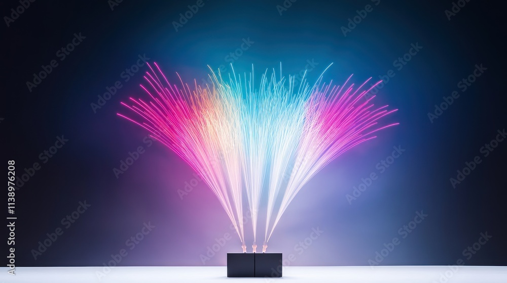 Poster colorful fireworks emitting from a central source in a dark background.