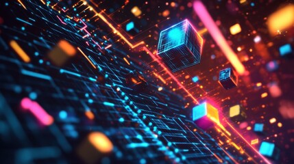 Abstract digital landscape with glowing cubes and vibrant lines.