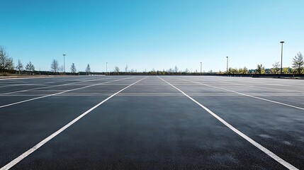 Fototapeta premium Empty parking lot under a clear sky. Concept of spaciousness, urban planning, and parking.