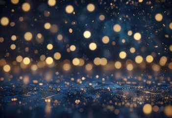 Naklejka premium Navy Blue Bokeh with Gold Particles and Glittery Effect, gold foil texture, golden particles