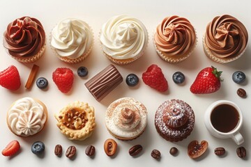 A delightful assortment of cupcakes and desserts with coffee.