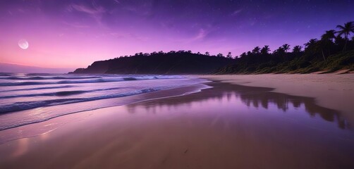 Obraz premium Moonlit beach with a gentle purple light shining on the waves and sand , moonlight, sand, waves