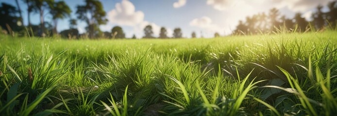 Obraz premium Lush green grass swaying gently in the breeze on a sunny day, natural movement, meadow
