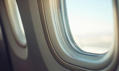 Close-up of an airplane window with a blurred sky in the background.