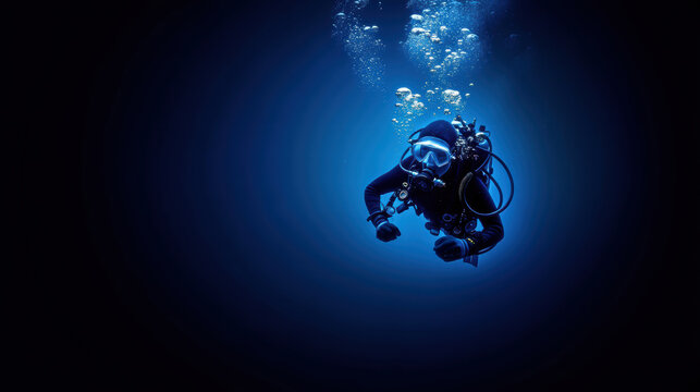 Diver exploring deep underwater, surrounded by luminous bubbles in blue depths