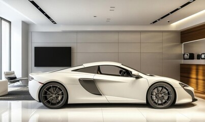 A sleek white sports car displayed in a modern interior setting.