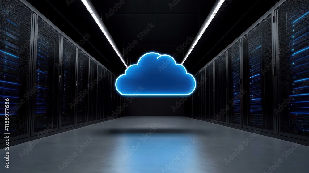 Poster digital cloud symbol in a server room, representing cloud computing.