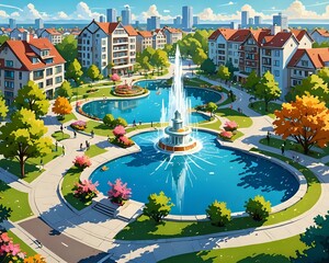 Vibrant Suburban Park with Fountain and Residential Buildings