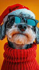  little dogs wearing christmas hats and cool sunglasses are happily running and playing on the grass. he is on the right side of the photo, with a panoramic composition,