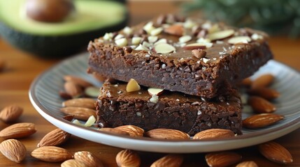 Chocolate brownies with almond slices on a plate, avocado backdrop.