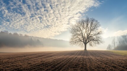 Fototapeta premium Lonely tree in a misty field. Concept of solitude, nature, and tranquility.