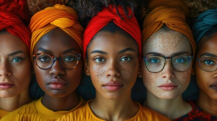 Close-up portrait of five diverse women wearing head wraps, looking directly at the camera.