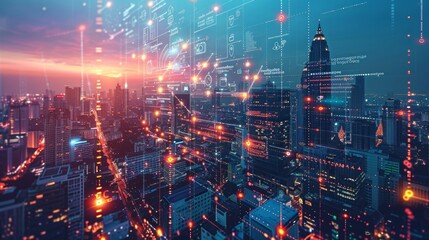 Cityscape with digital overlay at dusk.