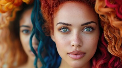 Fototapeta premium Close-up portrait of three young women with vibrant, colorful hair.