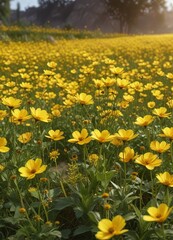 Fototapeta premium Field of bright yellow flowers with tall stems and delicate petals, cheerful, optimistic