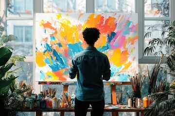 Obraz premium Artist Creates Vibrant Abstract Artwork in Bright Studio Filled With Brushes and Paint. Generative AI
